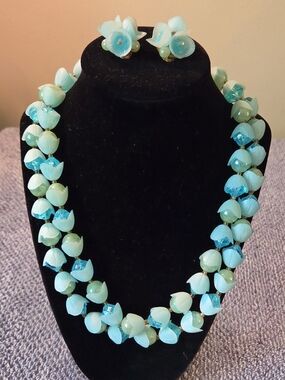 Vintage 1950s Signed Hong Kong Pastel Flower Jewelry Set Double Strand MCM